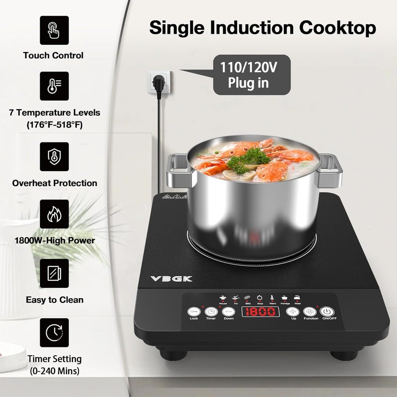 Bgk Single Burner Induction Cooktop,1800W Portable Induction Cooktop,110V Hot Plate with LCD Sensor Touch, 7 Temp Levels up to 518°F, Safety Lock, 4-Hour Timer, 9 Heat-Resistant Cooking - Image 4